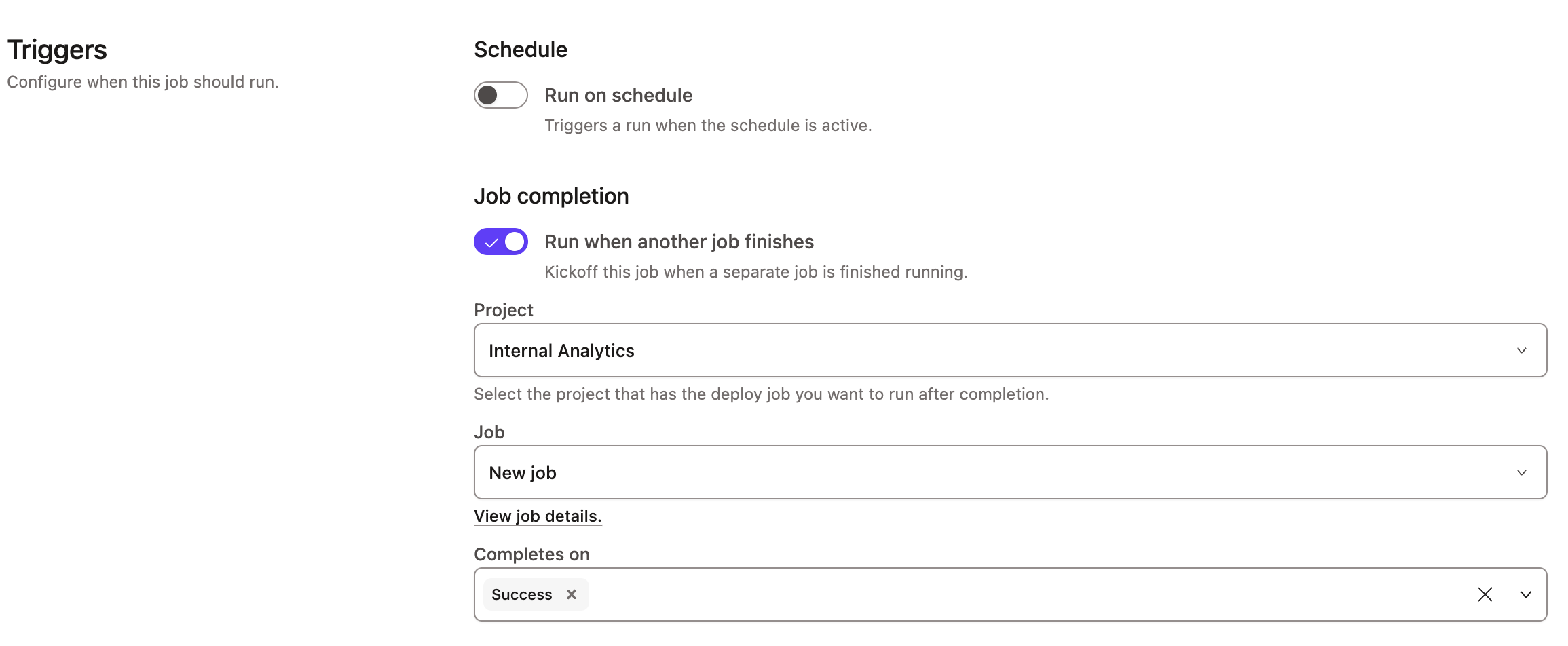 Example of Trigger on job completion on the Deploy job page Example of Trigger on job completion on the Deploy job page
